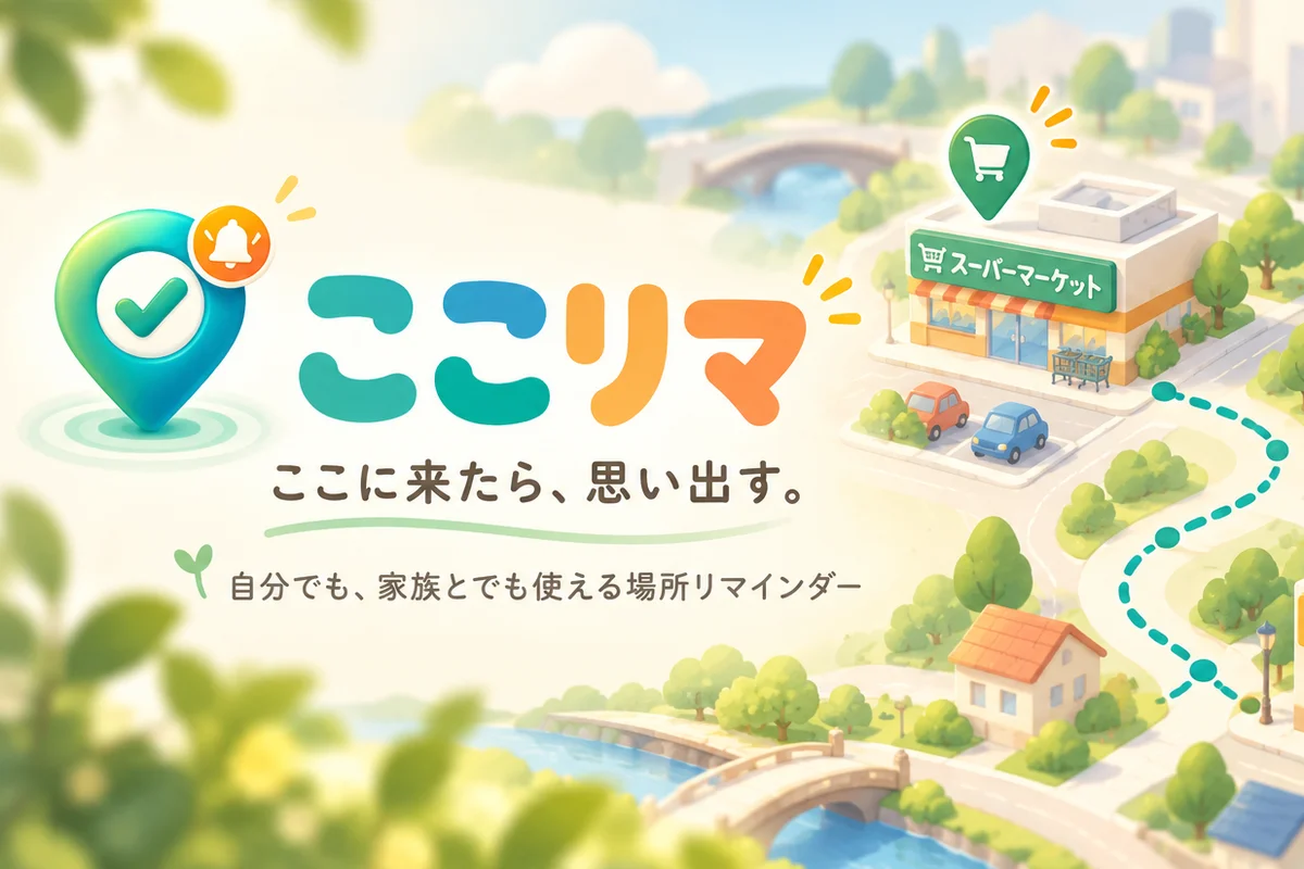 ここリマのイメージ。「ここに来たら、思い出す。自分でも、家族とでも使える場所リマインダー」のコピーと、スーパーマーケット・ドラッグストア・クリーニング店に通知のピンが立つ街の様子