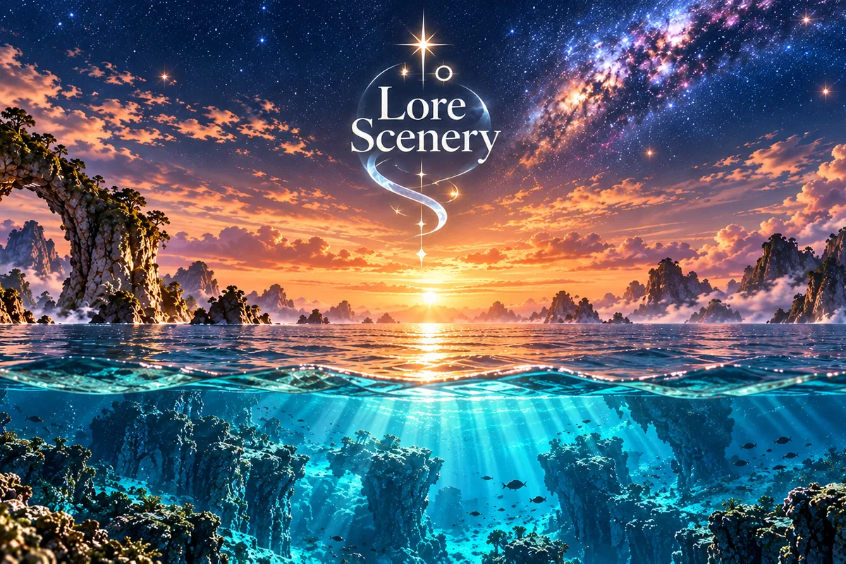 Lore Scenery のイメージ。タイトルロゴと、星空と夕日の海、光が差し込む海の中の景色