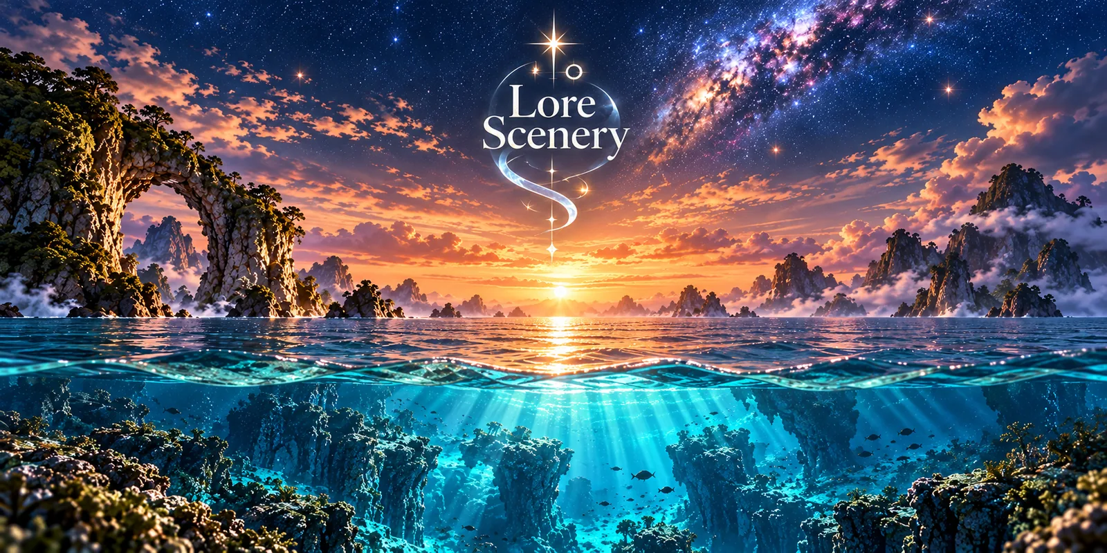 Lore Scenery のイメージ。タイトルロゴと、星空と夕日の海、岩の島々、光が差し込む海の中の景色