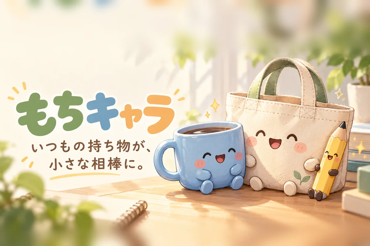 もちキャラのイメージ。「いつもの持ち物が、小さな相棒に。」のコピーと、机の上で笑顔を見せるマグカップ・トートバッグ・鉛筆のキャラクター
