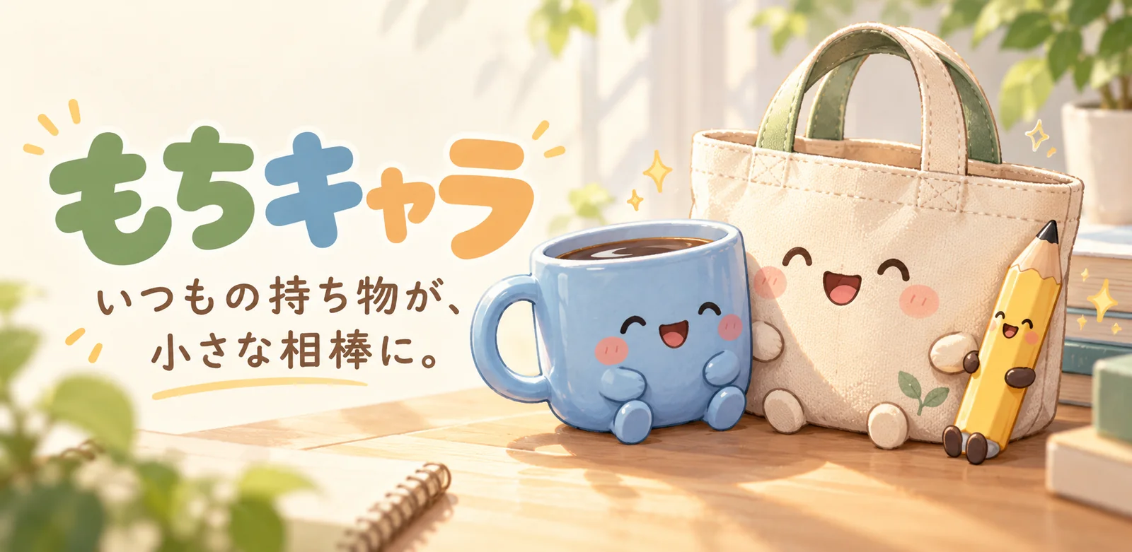 もちキャラのイメージ。「いつもの持ち物が、小さな相棒に。」のコピーと、机の上で笑顔を見せるマグカップ・トートバッグ・鉛筆のキャラクター