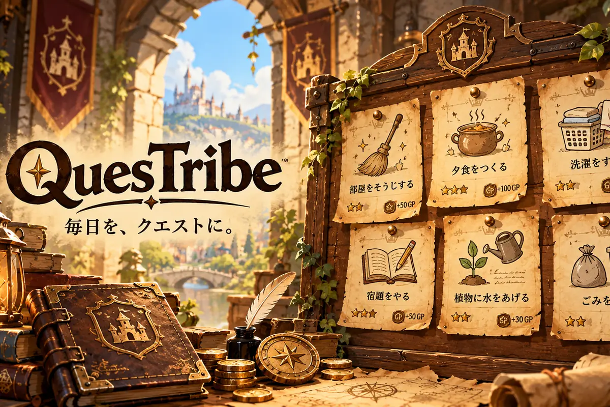 QuesTribe のイメージ。「毎日を、クエストに。」のコピーと、掲示板に貼られた「部屋をそうじする」「夕食をつくる」などのお手伝いクエストの依頼書