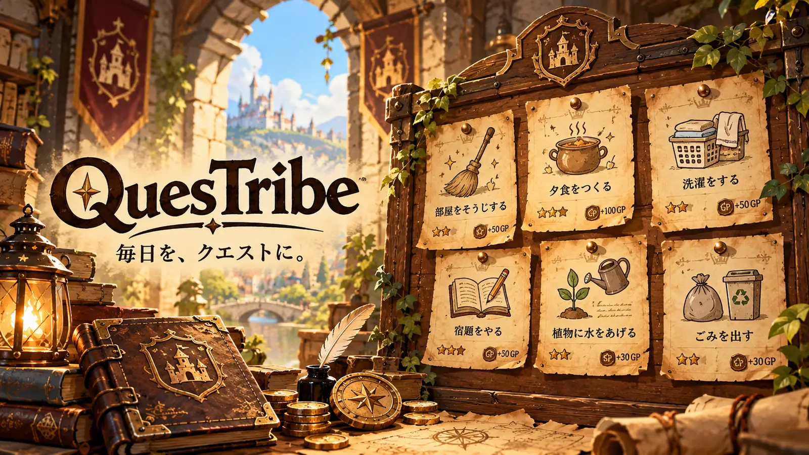 QuesTribe のイメージ。「毎日を、クエストに。」のコピーと、掲示板に貼られた「部屋をそうじする」「夕食をつくる」などのお手伝いクエストの依頼書