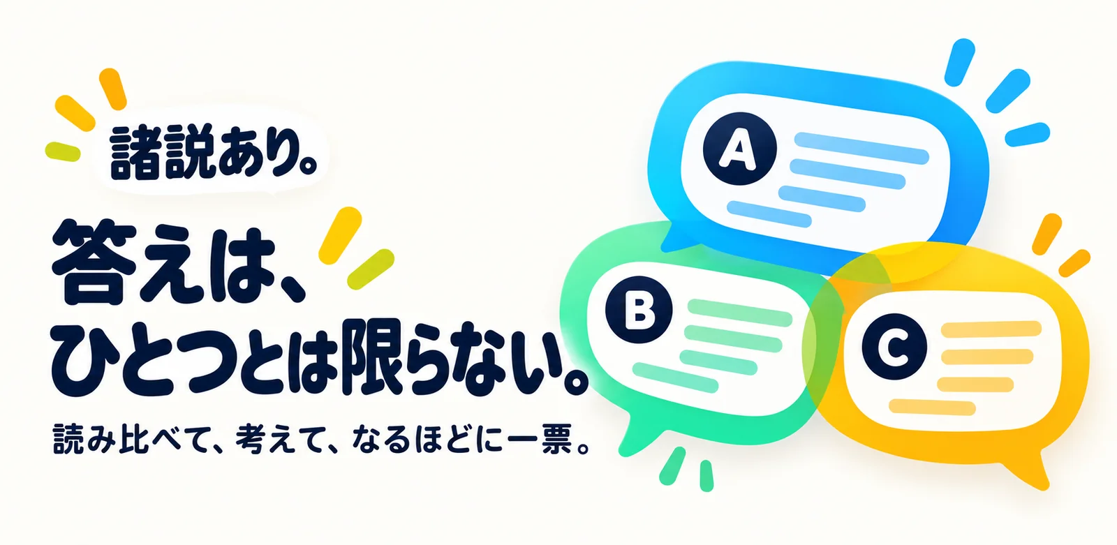 諸説あり。のイメージ。「答えは、ひとつとは限らない。読み比べて、考えて、なるほどに一票。」のコピーと、A・B・Cの3つの吹き出し