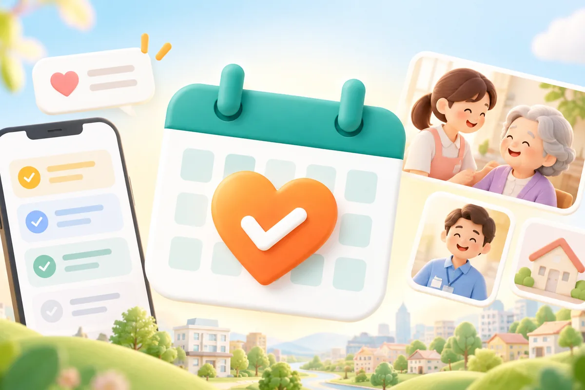 タクトケアのイメージ。ハートのチェックが付いたカレンダーを中心に、予定の一覧が並ぶスマートフォンと、笑顔の介護スタッフ・利用者・家の写真